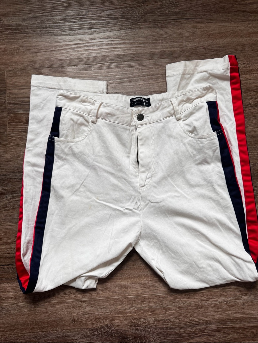 The Fifth Label White Track Jeand with Navy and Red Side Stripes